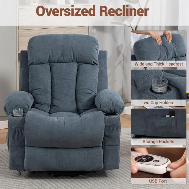 Alt view image 6 of 7 - VANBOW Power Lift Recliner Chair for Elderly, Electric Oversized Single Sofa with Vibration Massage and Heat, Cup Holder and USB Charge Port for Living Room, Blue