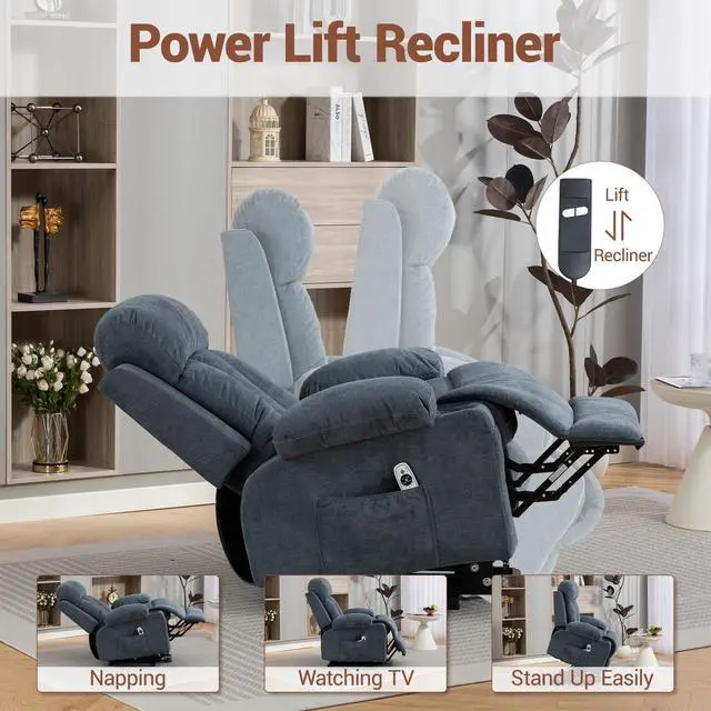 Alt view image 4 of 7 - VANBOW Power Lift Recliner Chair for Elderly, Electric Oversized Single Sofa with Vibration Massage and Heat, Cup Holder and USB Charge Port for Living Room, Blue