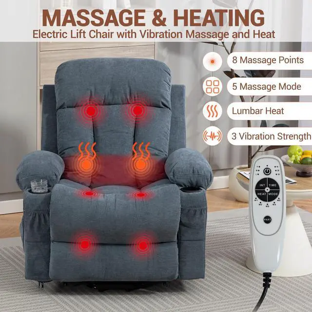Alt view image 7 of 7 - VANBOW Power Lift Recliner Chair for Elderly, Electric Oversized Single Sofa with Vibration Massage and Heat, Cup Holder and USB Charge Port for Living Room, Blue