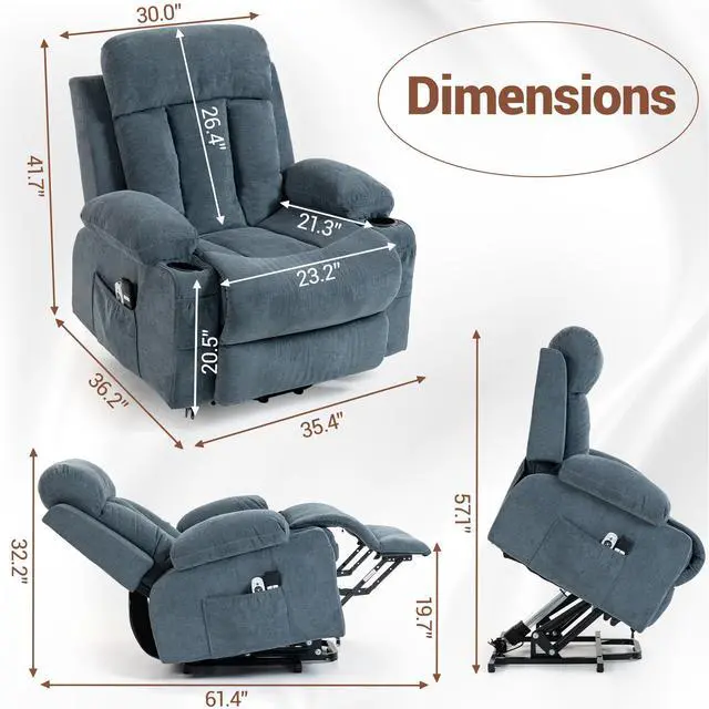 Alt view image 3 of 7 - VANBOW Power Lift Recliner Chair for Elderly, Electric Oversized Single Sofa with Vibration Massage and Heat, Cup Holder and USB Charge Port for Living Room, Blue