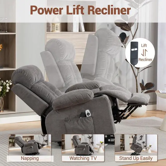 Alt view image 4 of 7 - VANBOW Power Lift Recliner Chair for Elderly, Electric Oversized Single Sofa with Vibration Massage and Heat, Cup Holder and USB Charge Port for Living Room, Grey