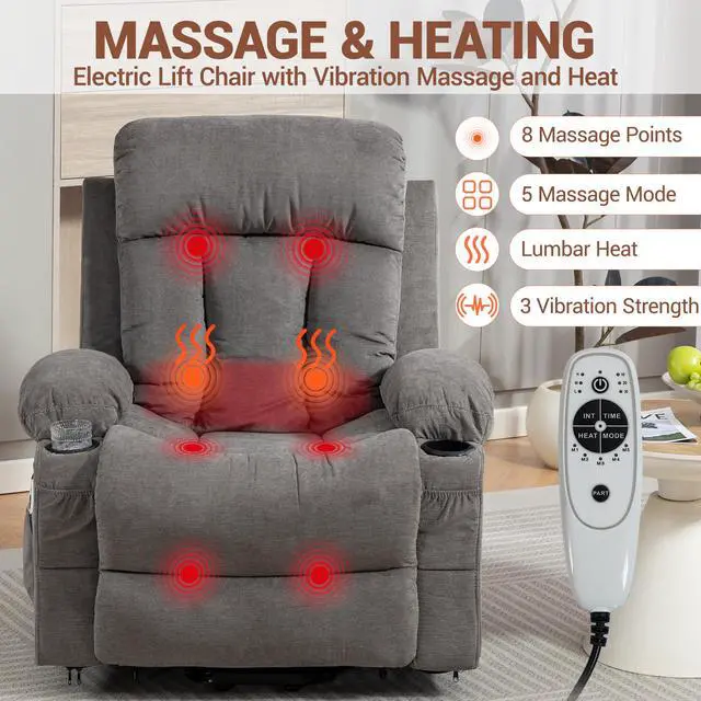 Alt view image 7 of 7 - VANBOW Power Lift Recliner Chair for Elderly, Electric Oversized Single Sofa with Vibration Massage and Heat, Cup Holder and USB Charge Port for Living Room, Grey
