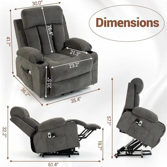 Alt view image 3 of 7 - VANBOW Power Lift Recliner Chair for Elderly, Electric Oversized Single Sofa with Vibration Massage and Heat, Cup Holder and USB Charge Port for Living Room, Grey