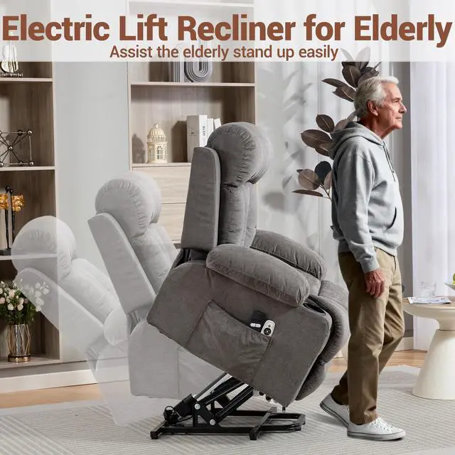 Alt view image 5 of 7 - VANBOW Power Lift Recliner Chair for Elderly, Electric Oversized Single Sofa with Vibration Massage and Heat, Cup Holder and USB Charge Port for Living Room, Grey