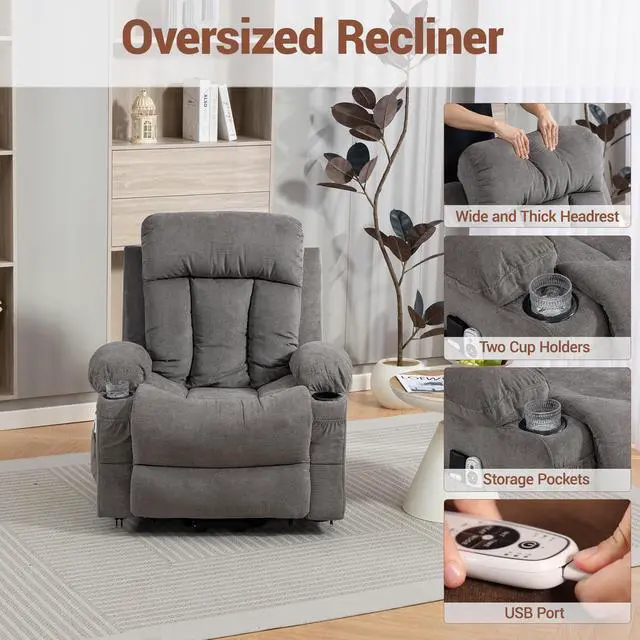 Alt view image 6 of 7 - VANBOW Power Lift Recliner Chair for Elderly, Electric Oversized Single Sofa with Vibration Massage and Heat, Cup Holder and USB Charge Port for Living Room, Grey