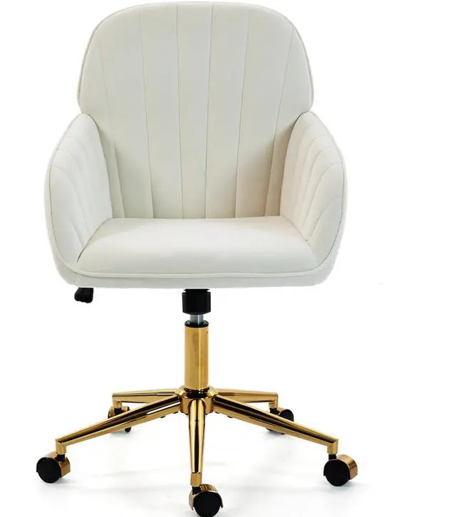Main image of VANBOW Velvet Home Office Chair with Gold Base and Wheels, Modern Makeup Vanity Chair, Height Adjustable Swivel Desk Chair for Living Room Bedroom Study Room, Beige