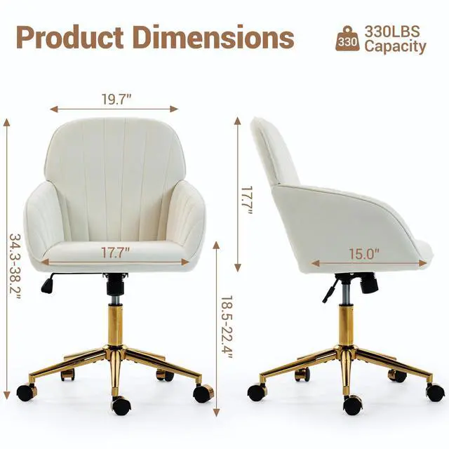 Alt view image 2 of 7 - VANBOW Velvet Home Office Chair with Gold Base and Wheels, Modern Makeup Vanity Chair, Height Adjustable Swivel Desk Chair for Living Room Bedroom Study Room, Beige