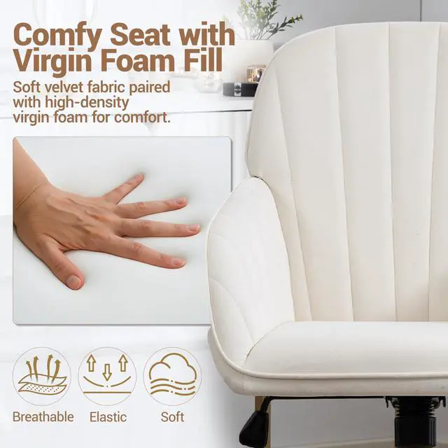 Alt view image 4 of 7 - VANBOW Velvet Home Office Chair with Gold Base and Wheels, Modern Makeup Vanity Chair, Height Adjustable Swivel Desk Chair for Living Room Bedroom Study Room, Beige