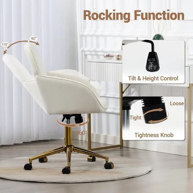 Alt view image 5 of 7 - VANBOW Velvet Home Office Chair with Gold Base and Wheels, Modern Makeup Vanity Chair, Height Adjustable Swivel Desk Chair for Living Room Bedroom Study Room, Beige