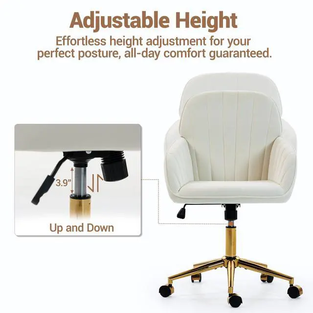 Alt view image 7 of 7 - VANBOW Velvet Home Office Chair with Gold Base and Wheels, Modern Makeup Vanity Chair, Height Adjustable Swivel Desk Chair for Living Room Bedroom Study Room, Beige