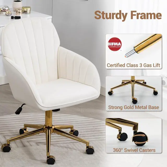 Alt view image 6 of 7 - VANBOW Velvet Home Office Chair with Gold Base and Wheels, Modern Makeup Vanity Chair, Height Adjustable Swivel Desk Chair for Living Room Bedroom Study Room, Beige