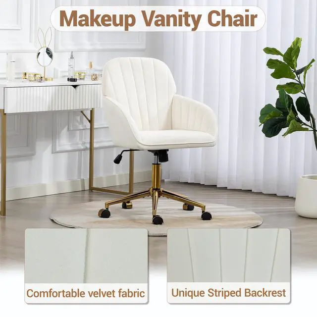 Alt view image 3 of 7 - VANBOW Velvet Home Office Chair with Gold Base and Wheels, Modern Makeup Vanity Chair, Height Adjustable Swivel Desk Chair for Living Room Bedroom Study Room, Beige