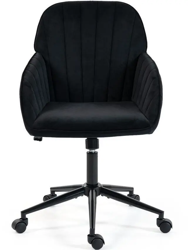 Main image of VANBOW Velvet Home Office Chair with Gold Base and Wheels, Modern Makeup Vanity Chair, Height Adjustable Swivel Desk Chair for Living Room Bedroom Study Room, Black