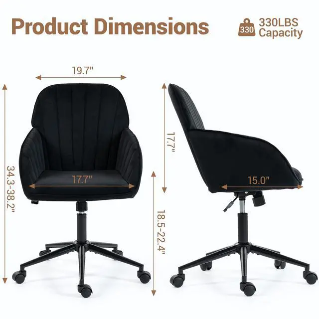 Alt view image 2 of 7 - VANBOW Velvet Home Office Chair with Gold Base and Wheels, Modern Makeup Vanity Chair, Height Adjustable Swivel Desk Chair for Living Room Bedroom Study Room, Black