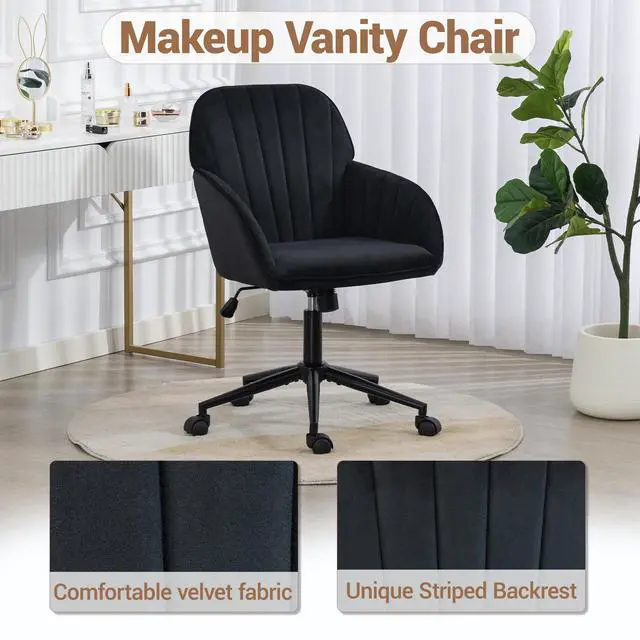 Alt view image 3 of 7 - VANBOW Velvet Home Office Chair with Gold Base and Wheels, Modern Makeup Vanity Chair, Height Adjustable Swivel Desk Chair for Living Room Bedroom Study Room, Black