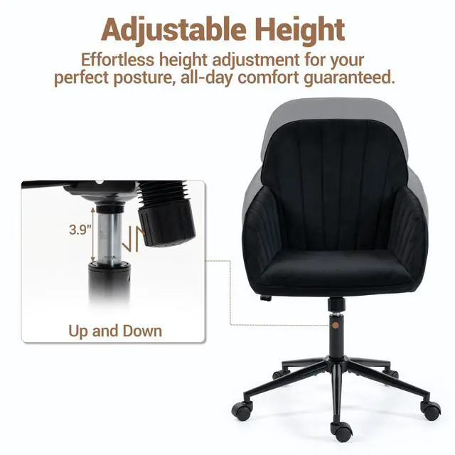 Alt view image 7 of 7 - VANBOW Velvet Home Office Chair with Gold Base and Wheels, Modern Makeup Vanity Chair, Height Adjustable Swivel Desk Chair for Living Room Bedroom Study Room, Black