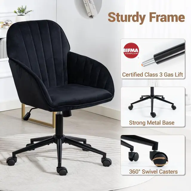 Alt view image 6 of 7 - VANBOW Velvet Home Office Chair with Gold Base and Wheels, Modern Makeup Vanity Chair, Height Adjustable Swivel Desk Chair for Living Room Bedroom Study Room, Black