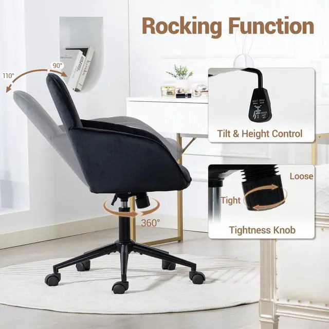Alt view image 5 of 7 - VANBOW Velvet Home Office Chair with Gold Base and Wheels, Modern Makeup Vanity Chair, Height Adjustable Swivel Desk Chair for Living Room Bedroom Study Room, Black