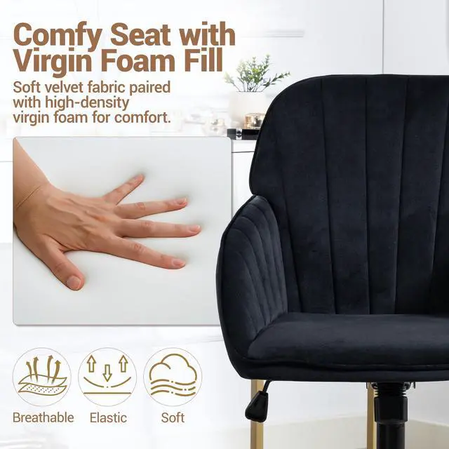 Alt view image 4 of 7 - VANBOW Velvet Home Office Chair with Gold Base and Wheels, Modern Makeup Vanity Chair, Height Adjustable Swivel Desk Chair for Living Room Bedroom Study Room, Black