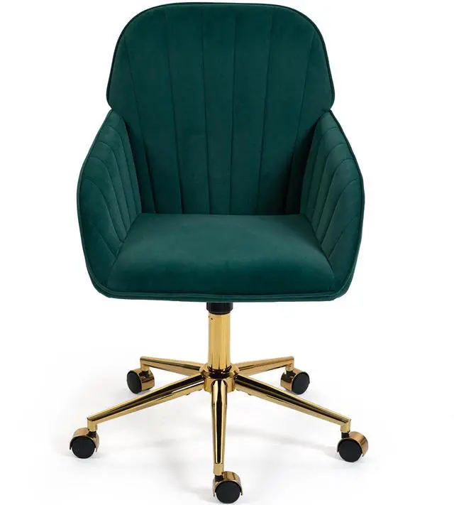 Main image of VANBOW Velvet Home Office Chair with Gold Base and Wheels, Modern Makeup Vanity Chair, Height Adjustable Swivel Desk Chair for Living Room Bedroom Study Room, Green