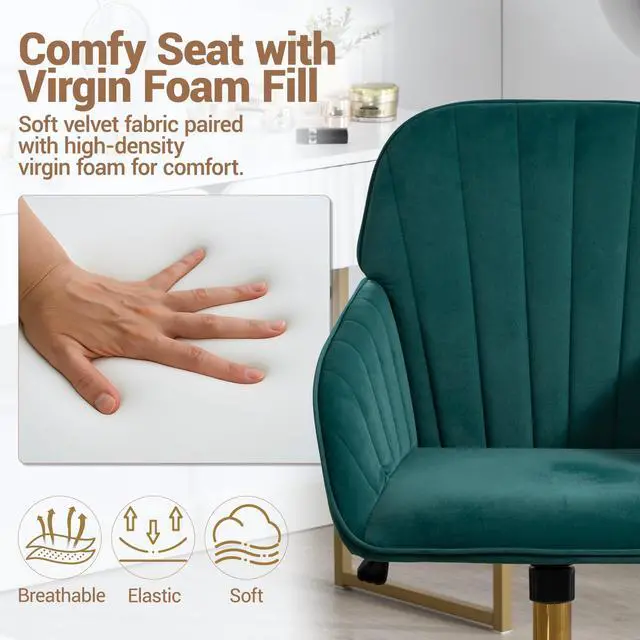 Alt view image 4 of 7 - VANBOW Velvet Home Office Chair with Gold Base and Wheels, Modern Makeup Vanity Chair, Height Adjustable Swivel Desk Chair for Living Room Bedroom Study Room, Green