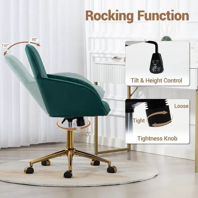 Alt view image 5 of 7 - VANBOW Velvet Home Office Chair with Gold Base and Wheels, Modern Makeup Vanity Chair, Height Adjustable Swivel Desk Chair for Living Room Bedroom Study Room, Green