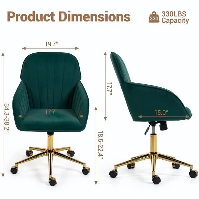 Alt view image 2 of 7 - VANBOW Velvet Home Office Chair with Gold Base and Wheels, Modern Makeup Vanity Chair, Height Adjustable Swivel Desk Chair for Living Room Bedroom Study Room, Green