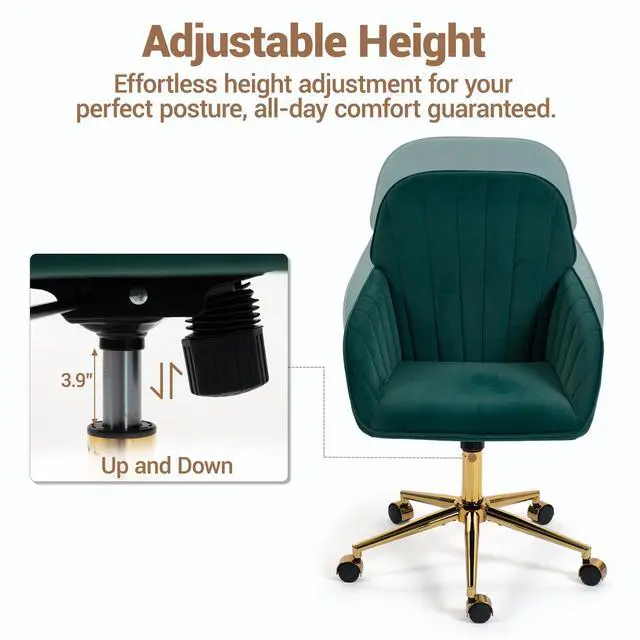 Alt view image 7 of 7 - VANBOW Velvet Home Office Chair with Gold Base and Wheels, Modern Makeup Vanity Chair, Height Adjustable Swivel Desk Chair for Living Room Bedroom Study Room, Green
