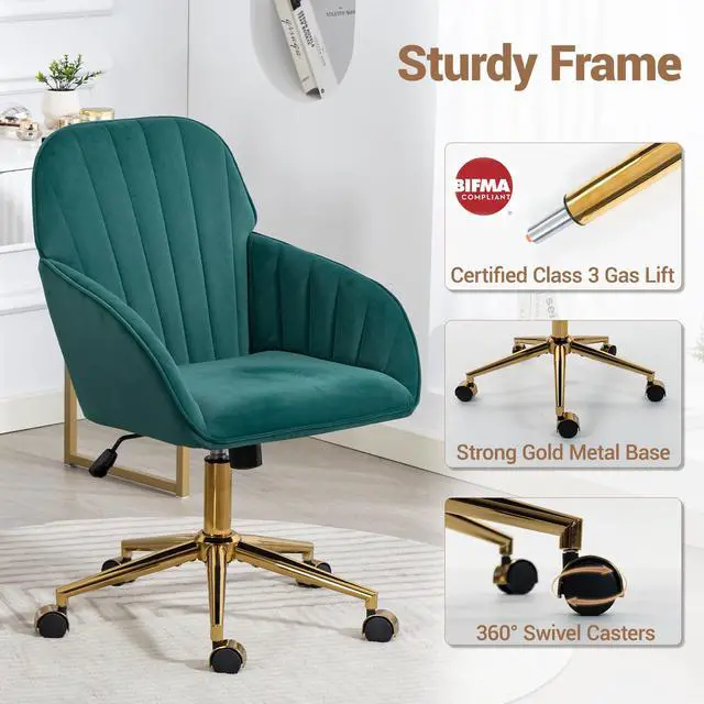 Alt view image 6 of 7 - VANBOW Velvet Home Office Chair with Gold Base and Wheels, Modern Makeup Vanity Chair, Height Adjustable Swivel Desk Chair for Living Room Bedroom Study Room, Green