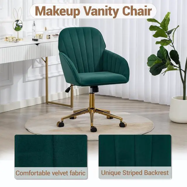 Alt view image 3 of 7 - VANBOW Velvet Home Office Chair with Gold Base and Wheels, Modern Makeup Vanity Chair, Height Adjustable Swivel Desk Chair for Living Room Bedroom Study Room, Green