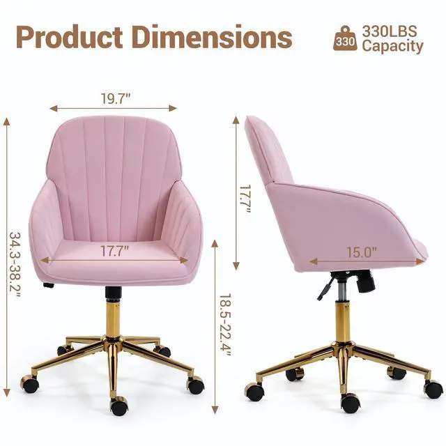 Alt view image 2 of 7 - VANBOW Velvet Home Office Chair with Gold Base and Wheels, Modern Makeup Vanity Chair, Height Adjustable Swivel Desk Chair for Living Room Bedroom Study Room, Pink