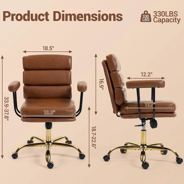 Alt view image 2 of 7 - VANBOW Faux Leather Home Office Desk Chair, Gold Base Vanity Chair with Wheels, Padded Seat and Armrests, Adjustable Height Swivel Executive Computer Chair, Brown