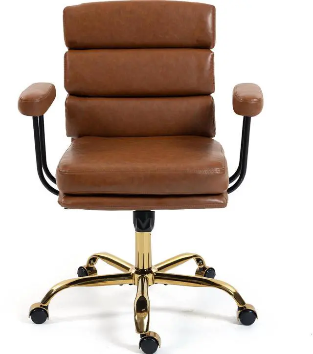 Main image of VANBOW Faux Leather Home Office Desk Chair, Gold Base Vanity Chair with Wheels, Padded Seat and Armrests, Adjustable Height Swivel Executive Computer Chair, Brown