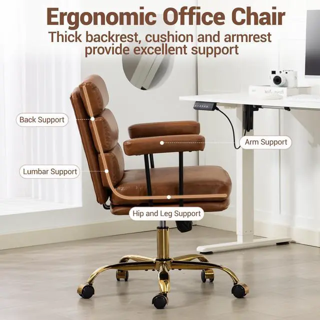 Alt view image 3 of 7 - VANBOW Faux Leather Home Office Desk Chair, Gold Base Vanity Chair with Wheels, Padded Seat and Armrests, Adjustable Height Swivel Executive Computer Chair, Brown