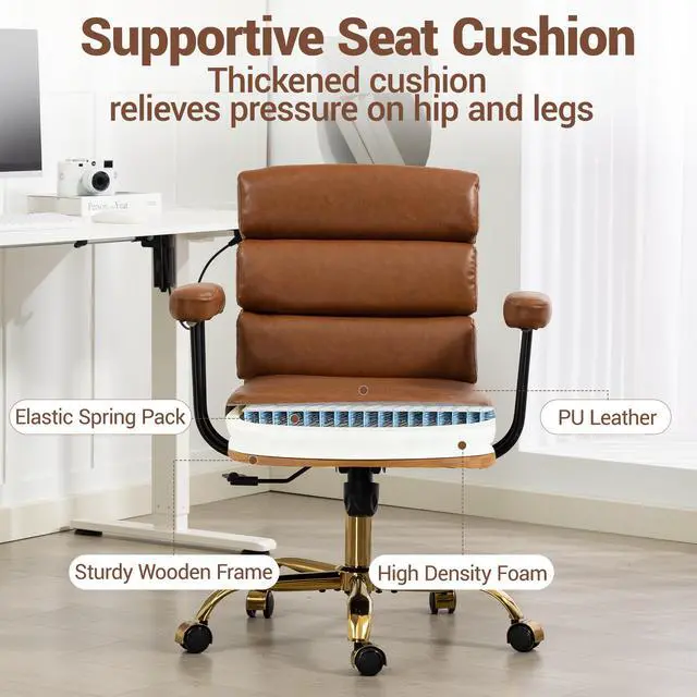 Alt view image 5 of 7 - VANBOW Faux Leather Home Office Desk Chair, Gold Base Vanity Chair with Wheels, Padded Seat and Armrests, Adjustable Height Swivel Executive Computer Chair, Brown