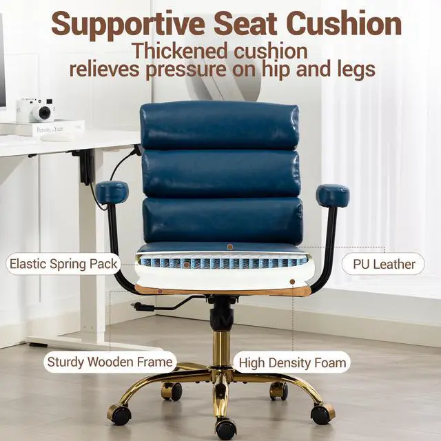 Alt view image 5 of 7 - VANBOW Faux Leather Home Office Desk Chair, Gold Base Vanity Chair with Wheels, Padded Seat and Armrests, Adjustable Height Swivel Executive Computer Chair, Blue