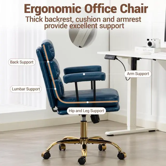 Alt view image 3 of 7 - VANBOW Faux Leather Home Office Desk Chair, Gold Base Vanity Chair with Wheels, Padded Seat and Armrests, Adjustable Height Swivel Executive Computer Chair, Blue