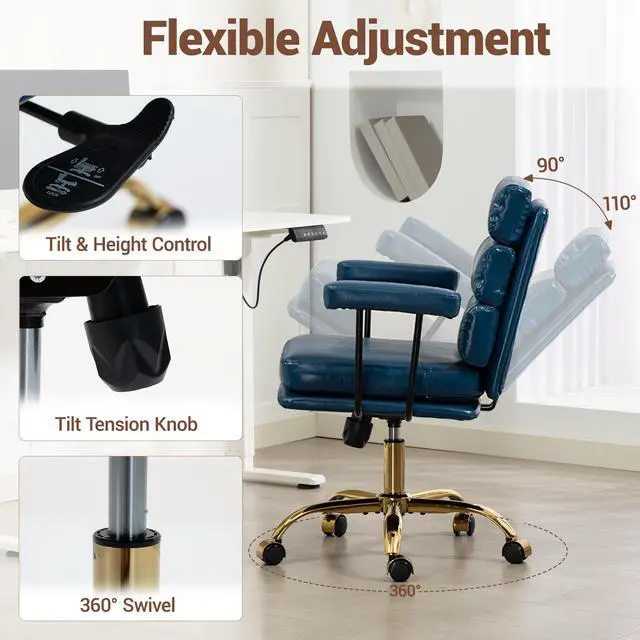 Alt view image 4 of 7 - VANBOW Faux Leather Home Office Desk Chair, Gold Base Vanity Chair with Wheels, Padded Seat and Armrests, Adjustable Height Swivel Executive Computer Chair, Blue