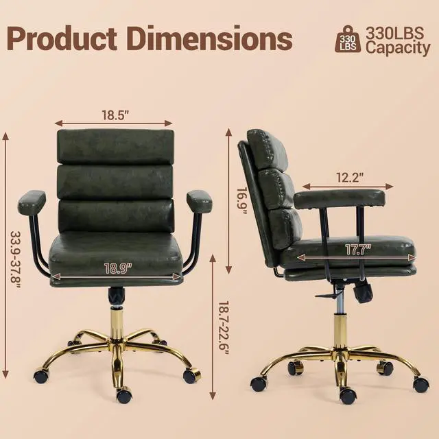 Alt view image 2 of 7 - VANBOW Faux Leather Home Office Desk Chair, Gold Base Vanity Chair with Wheels, Padded Seat and Armrests, Adjustable Height Swivel Executive Computer Chair, Green