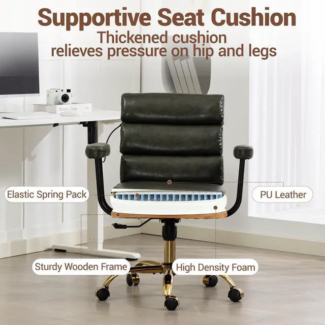 Alt view image 5 of 7 - VANBOW Faux Leather Home Office Desk Chair, Gold Base Vanity Chair with Wheels, Padded Seat and Armrests, Adjustable Height Swivel Executive Computer Chair, Green