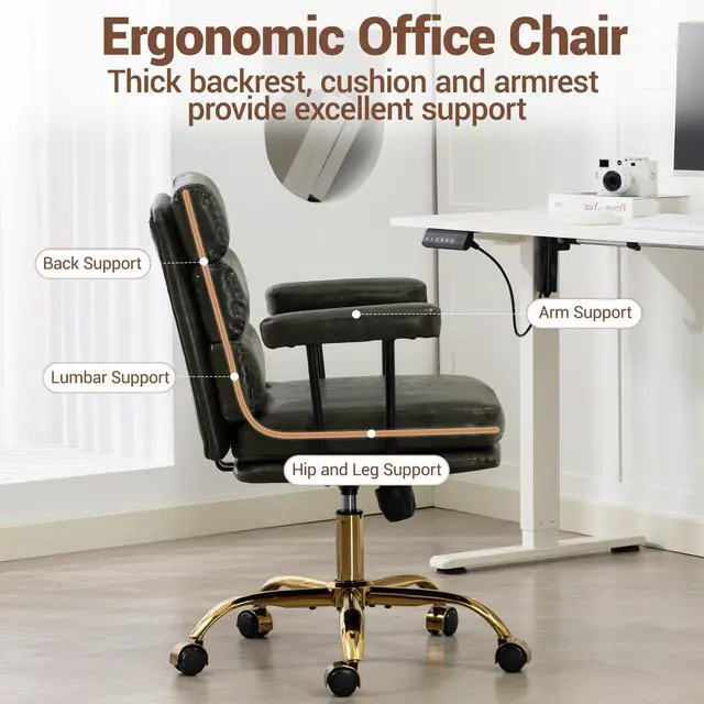 Alt view image 3 of 7 - VANBOW Faux Leather Home Office Desk Chair, Gold Base Vanity Chair with Wheels, Padded Seat and Armrests, Adjustable Height Swivel Executive Computer Chair, Green
