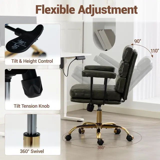 Alt view image 4 of 7 - VANBOW Faux Leather Home Office Desk Chair, Gold Base Vanity Chair with Wheels, Padded Seat and Armrests, Adjustable Height Swivel Executive Computer Chair, Green