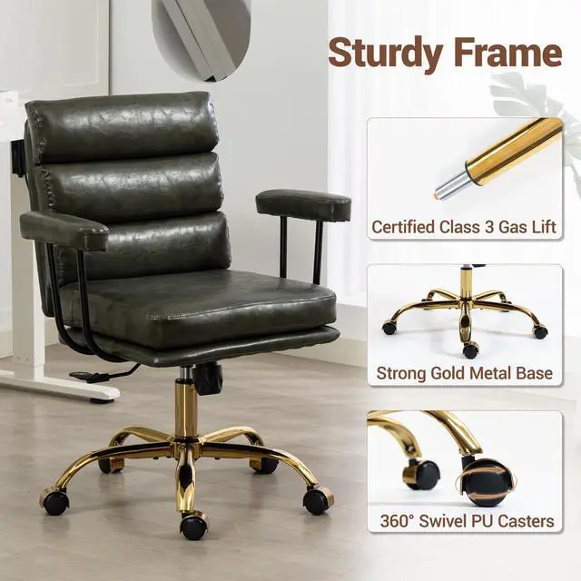 Alt view image 7 of 7 - VANBOW Faux Leather Home Office Desk Chair, Gold Base Vanity Chair with Wheels, Padded Seat and Armrests, Adjustable Height Swivel Executive Computer Chair, Green