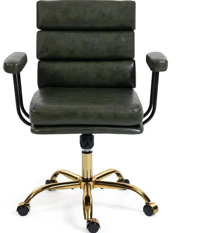 Main image of VANBOW Faux Leather Home Office Desk Chair, Gold Base Vanity Chair with Wheels, Padded Seat and Armrests, Adjustable Height Swivel Executive Computer Chair, Green
