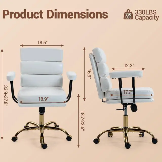 Alt view image 2 of 7 - VANBOW Faux Leather Home Office Desk Chair, Gold Base Vanity Chair with Wheels, Padded Seat and Armrests, Adjustable Height Swivel Executive Computer Chair, White