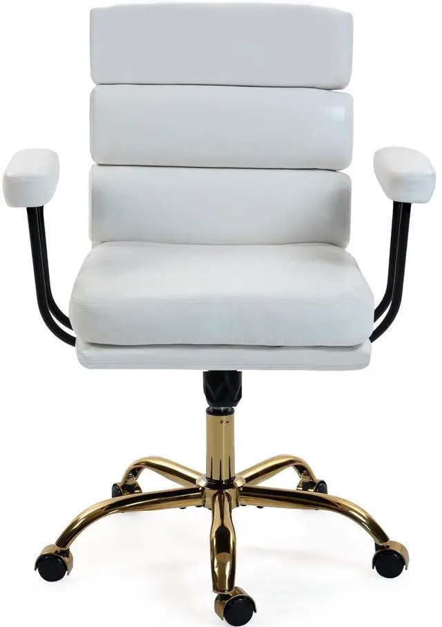 Main image of VANBOW Faux Leather Home Office Desk Chair, Gold Base Vanity Chair with Wheels, Padded Seat and Armrests, Adjustable Height Swivel Executive Computer Chair, White
