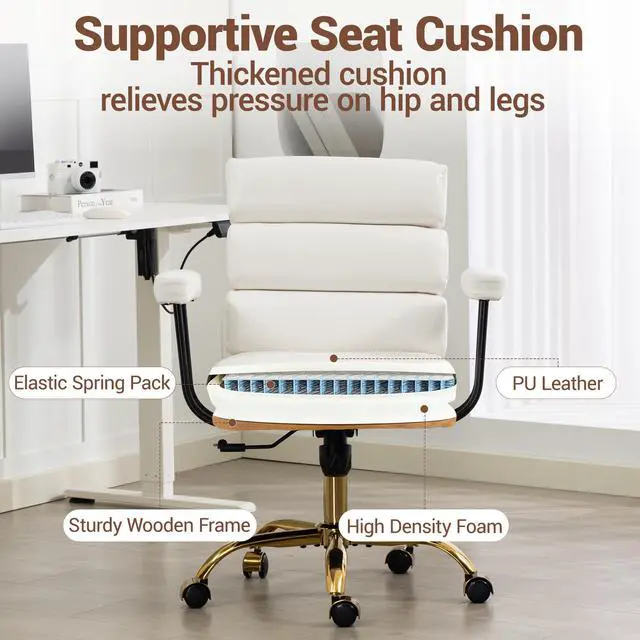 Alt view image 5 of 7 - VANBOW Faux Leather Home Office Desk Chair, Gold Base Vanity Chair with Wheels, Padded Seat and Armrests, Adjustable Height Swivel Executive Computer Chair, White