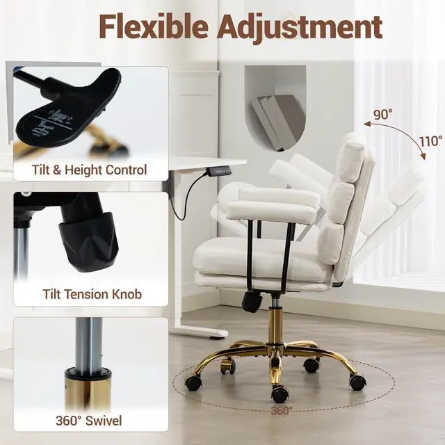 Alt view image 4 of 7 - VANBOW Faux Leather Home Office Desk Chair, Gold Base Vanity Chair with Wheels, Padded Seat and Armrests, Adjustable Height Swivel Executive Computer Chair, White