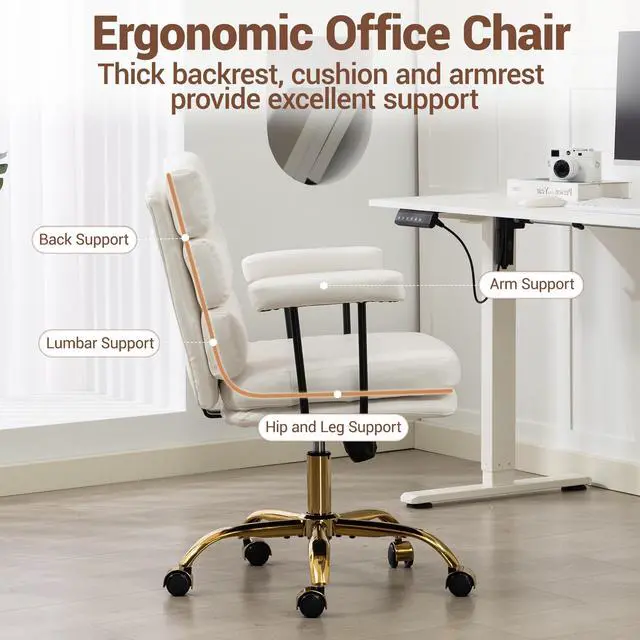Alt view image 3 of 7 - VANBOW Faux Leather Home Office Desk Chair, Gold Base Vanity Chair with Wheels, Padded Seat and Armrests, Adjustable Height Swivel Executive Computer Chair, White