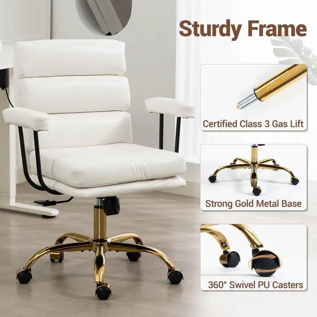Alt view image 7 of 7 - VANBOW Faux Leather Home Office Desk Chair, Gold Base Vanity Chair with Wheels, Padded Seat and Armrests, Adjustable Height Swivel Executive Computer Chair, White
